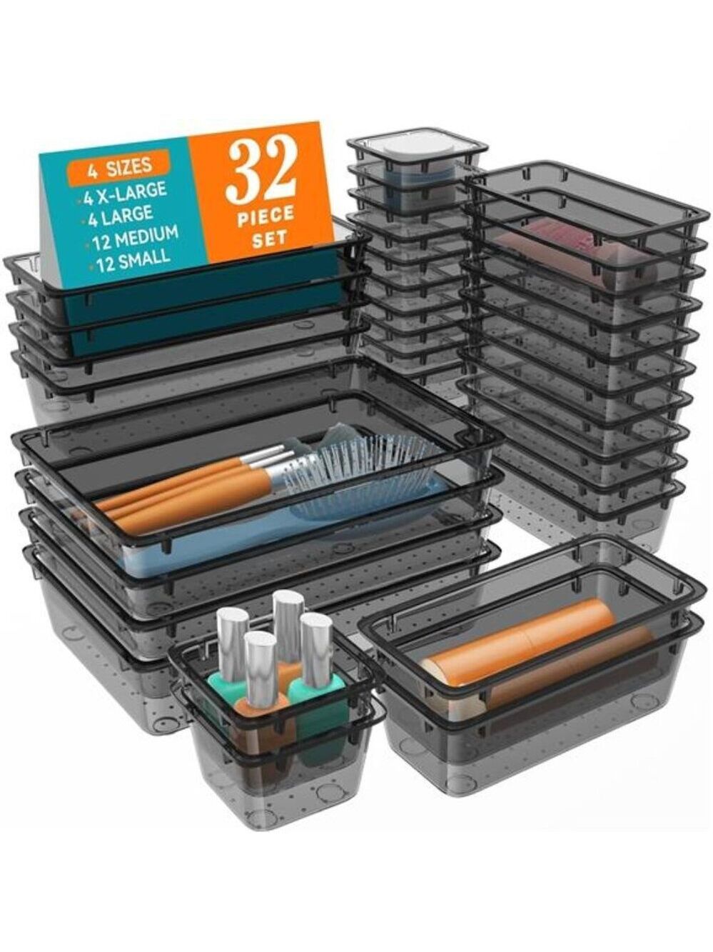 32 PCS Clear Drawer Organizer Set Storage Bins Desk Makeup Jewelry Office Kitche